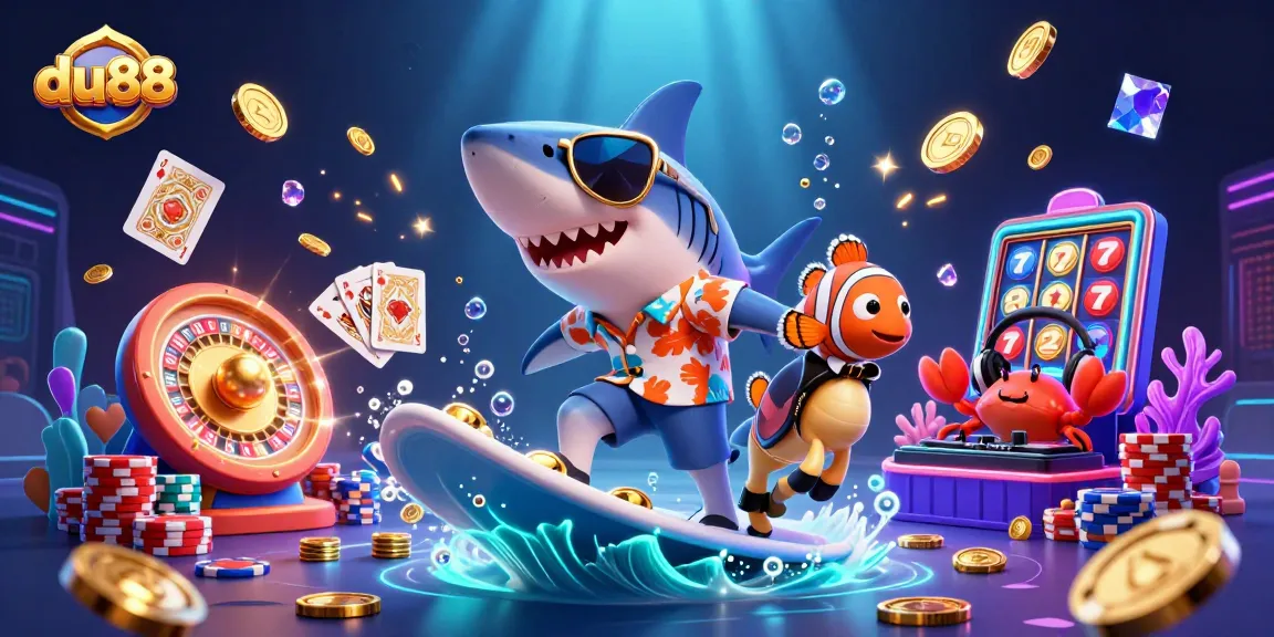 Experience du88 excitement with a vibrant scene of casino action featuring a shark and coins.