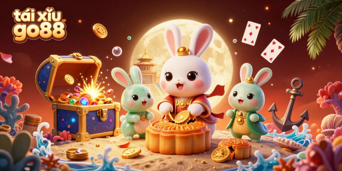 Engage with tài xỉu go88 through an enchanting scene depicting folklore rabbits and casino riches.