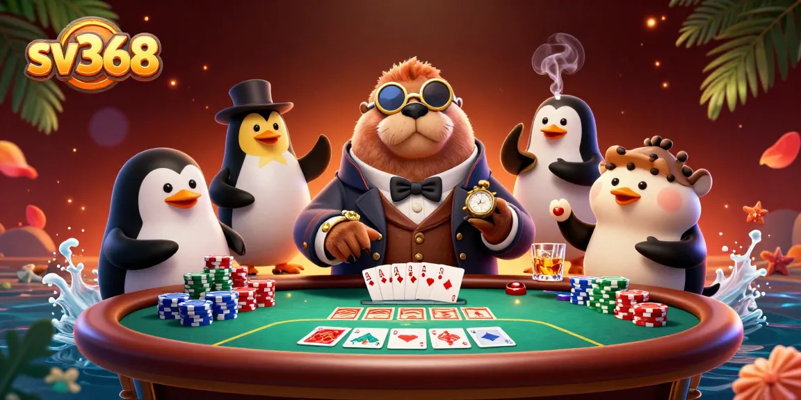 Experience thrilling poker action at sv368 with a walrus, penguin dealer, and pufferfish player.