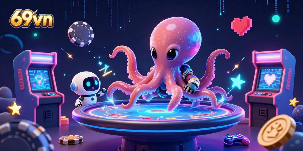Experience exciting gaming with 69vn's cosmic alien octopus and robot at a neon-lit poker table.