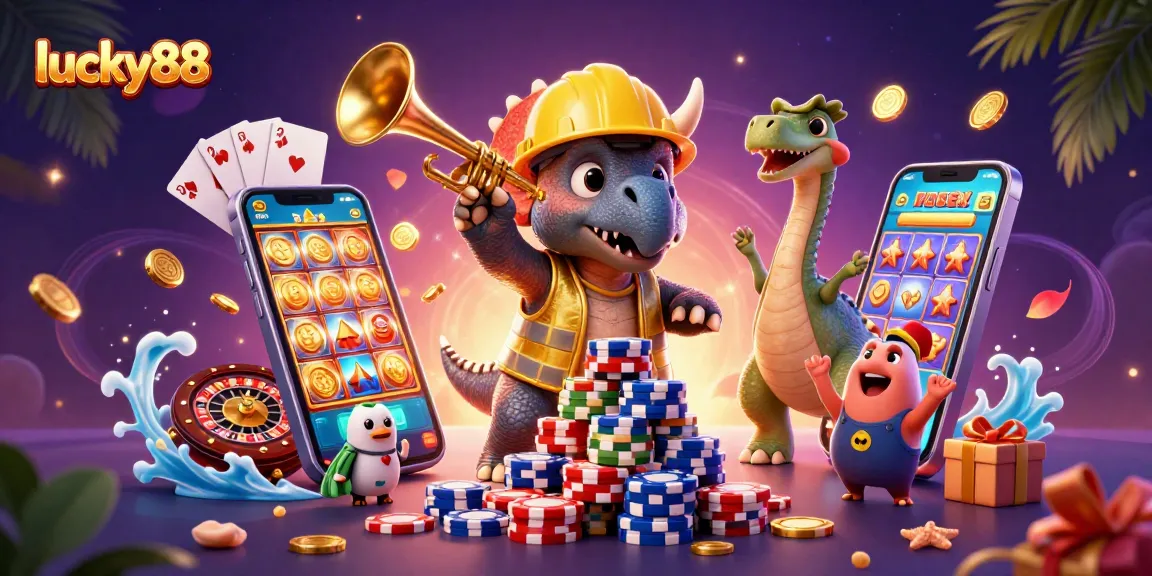 Spin the reels with lucky88 as a cheerful triceratops constructs a poker chip pyramid amidst casino excitement.