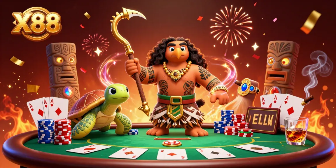 X88 gives gamblers the thrill of poker with a colorful, vibrant casino scene featuring a demigod and charming characters.