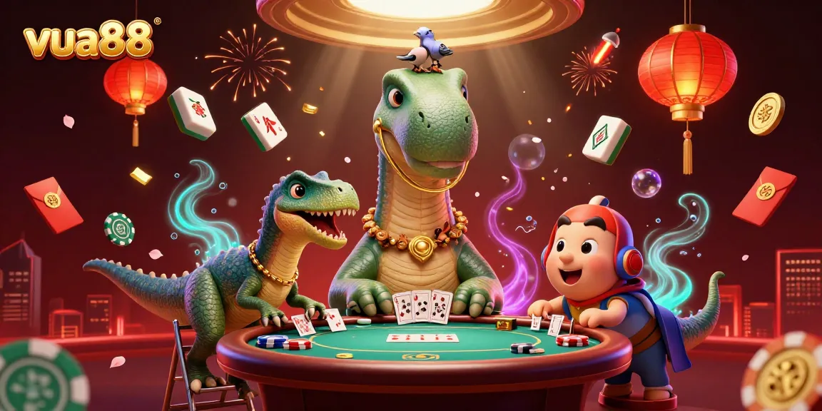 Experience the vibrant action of vua88, where the brontosaurus towers over a lively poker game amidst festive decorations.