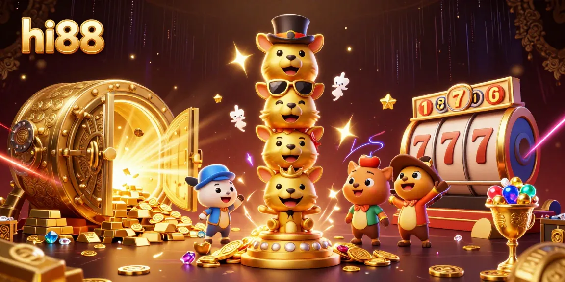Engage with hi88's dynamic scene showcasing a cartoon golden totem and lavish casino elements.