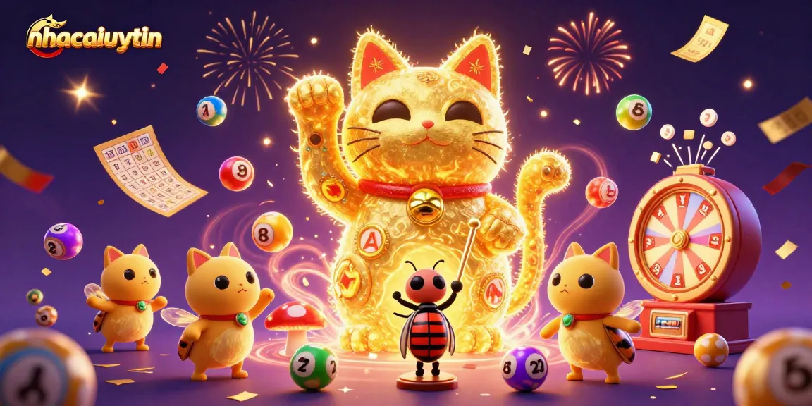 Experience the excitement of nhacaiuytin with colorful lottery balls and a lucky cat in a vibrant casino scene.