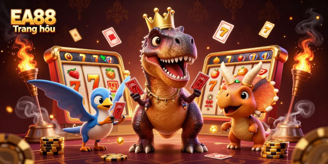 Experience the excitement of EA88 Trang chủ with a 3D T-Rex and friends in a vibrant casino scene.
