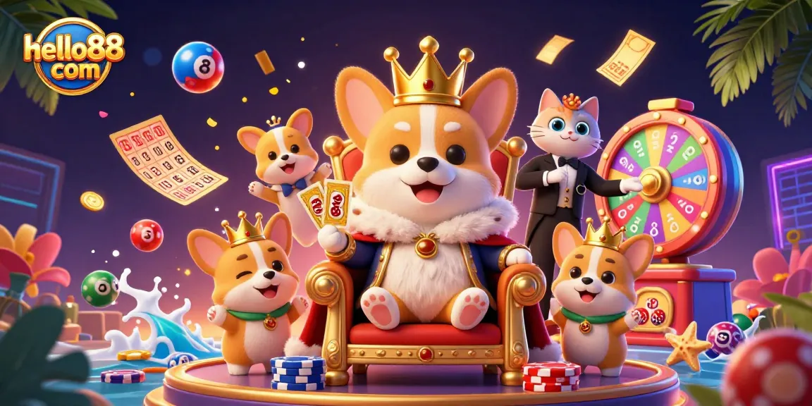 Experience the thrills of hello88 com with a royal corgi and dynamic lottery elements in a vibrant casino scene.