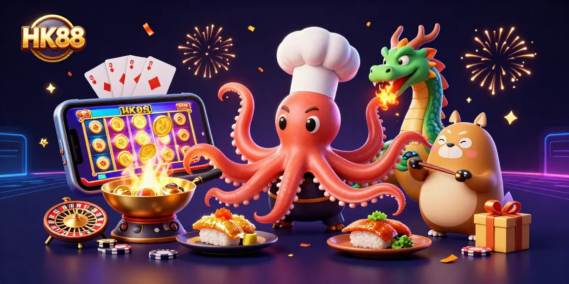 Experience winning strategies at HK88 with lively casino-inspired characters in a vibrant illustration.