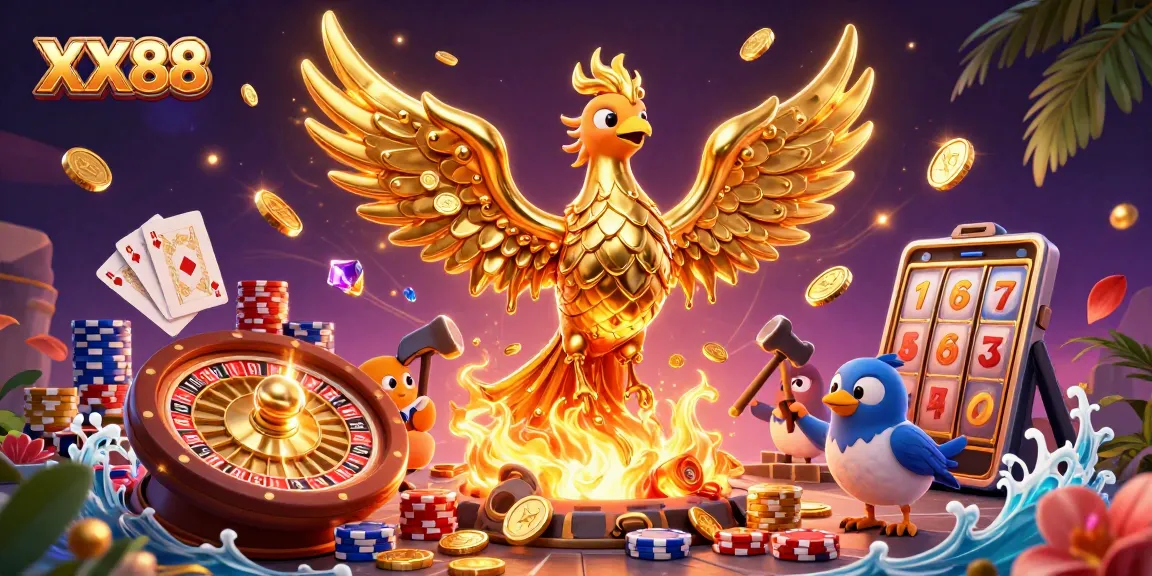 Join the excitement at XX88's dynamic casino scene featuring golden phoenix and cascading coins!