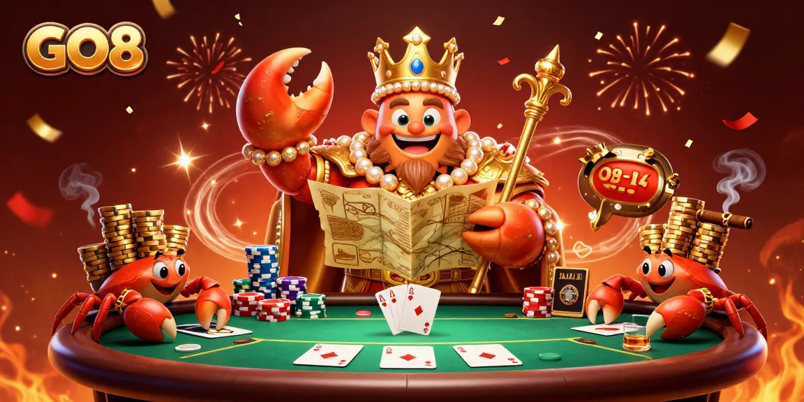 Experience the thrill at GO8 Casino with the golden crab emperor amidst festive casino elements.