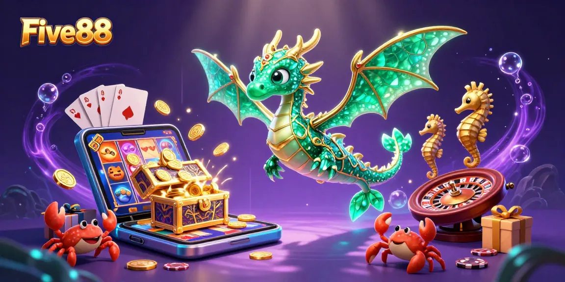 Five88 showcases a vibrant casino scene featuring a sea dragon, slot games, and treasure elements.