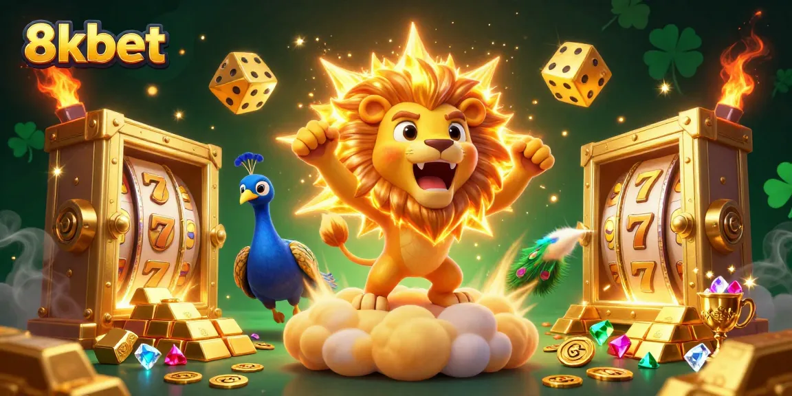 Win big with 8xbet's vibrant casino experience featuring a roaring lion and golden treasures.