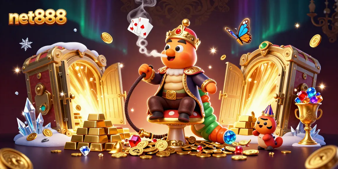 Experience net888's thrilling poker action with a lively 3D illustration featuring enchanting casino elements.