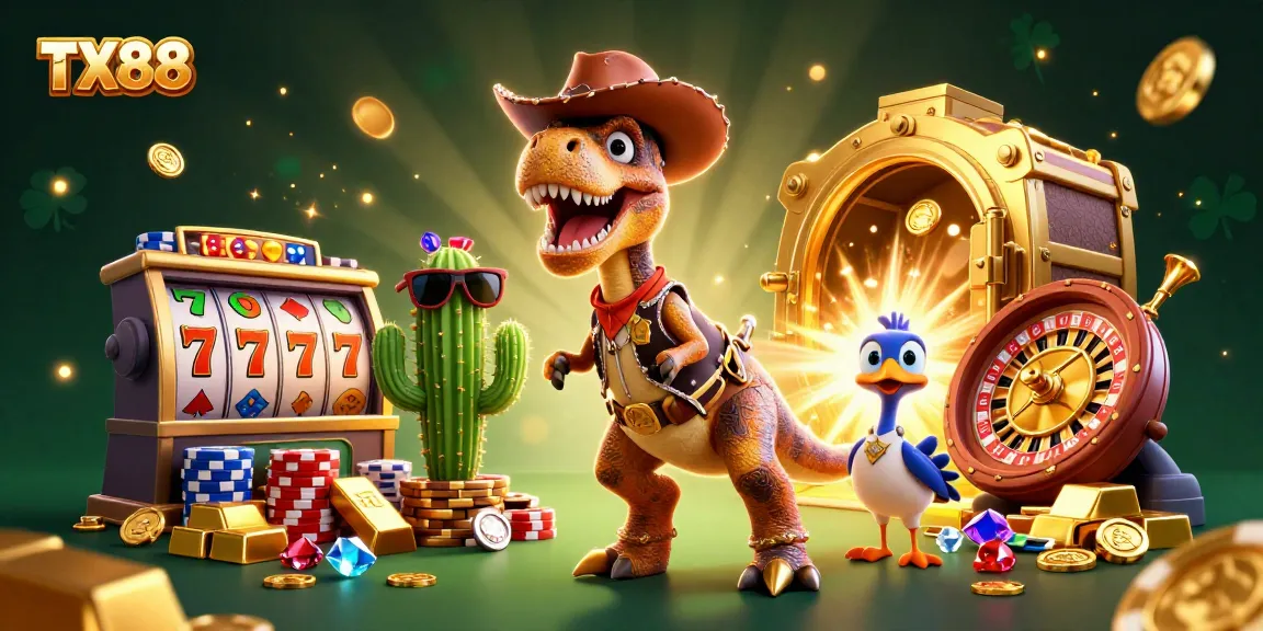 Experience the thrill of TX88 gaming with a dynamic T-Rex, cactus, and roadrunner in a vibrant casino scene.