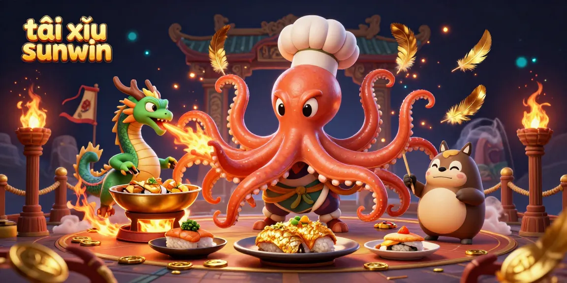 Experience the thrilling action of tài xỉu sunwin with a dynamic scene featuring a sushi chef octopus and dragon in a casino setting.