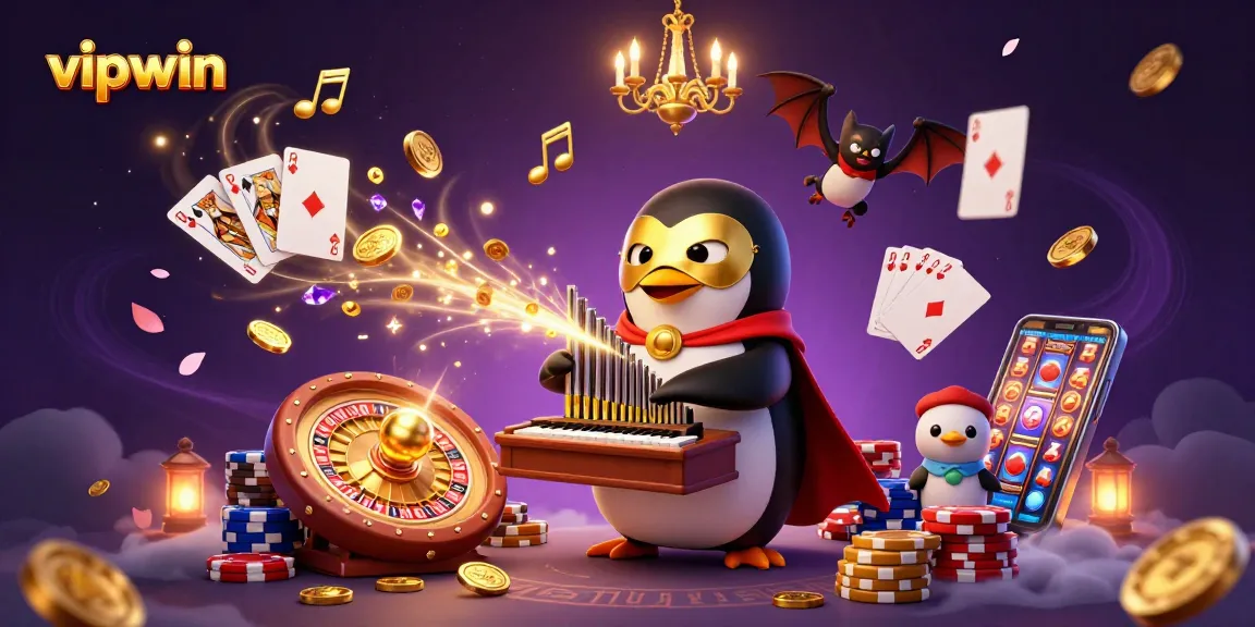 Win with vipwin as the phantom opera penguin plays at the golden pipe organ in a vibrant casino scene.