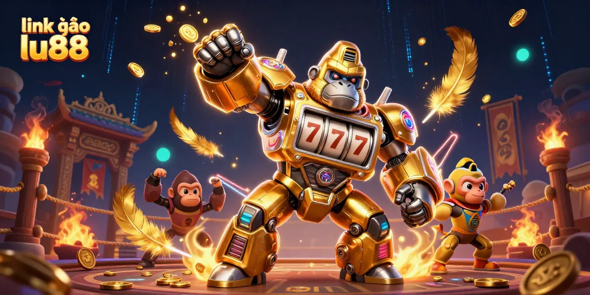 Engage in thrilling action with the link vào lu88 cartoon gorilla mech amid vibrant casino elements.