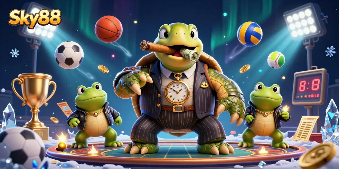 Engage in thrilling Sky88 betting experiences with a vibrant casino illustration featuring sports action.