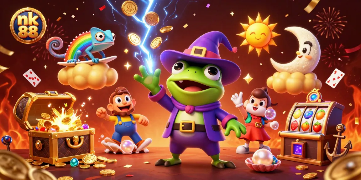 Win big at nk 88 with a vibrant illustration featuring magical characters and casino elements.