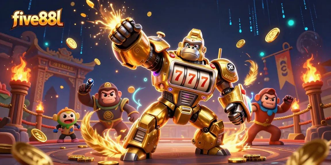 Engage in the adventures of five88l with a golden gorilla mech and vibrant casino elements.