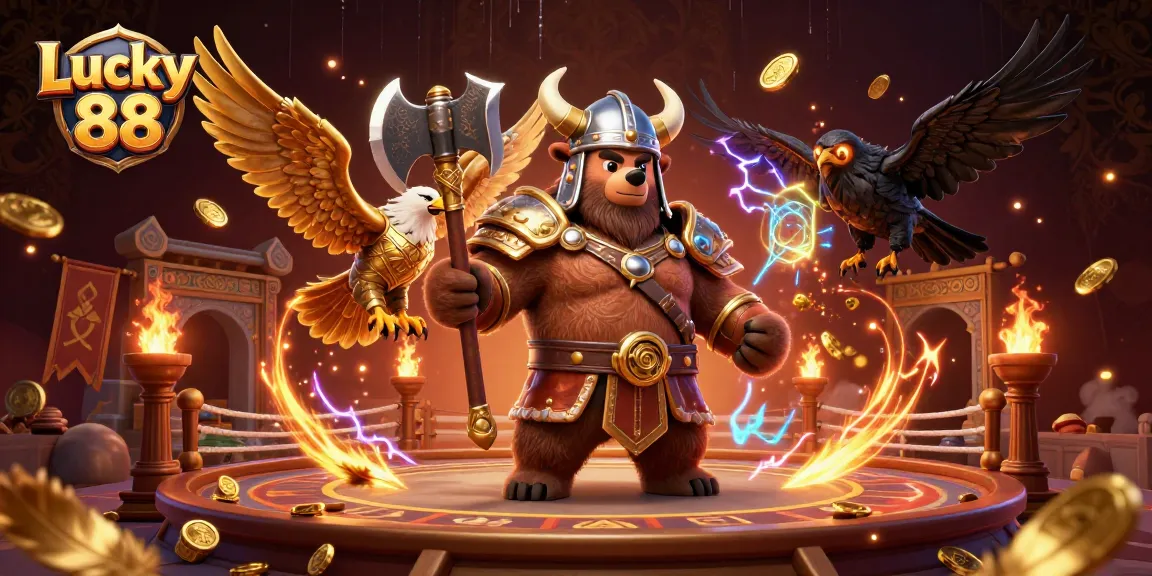 Engage in thrilling gameplay at Lucky 88 with a Viking berserker and Valkyrie eagle amidst dynamic casino elements.