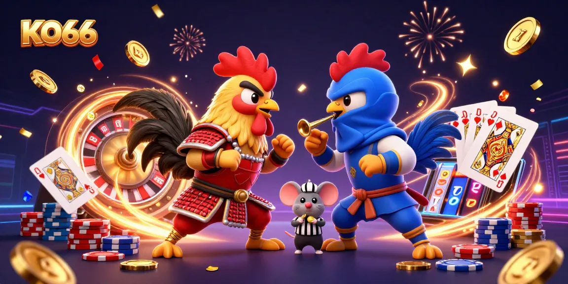 KO66 showcases twin cartoon fighting roosters in a vivid standoff amid sparkling casino elements.
