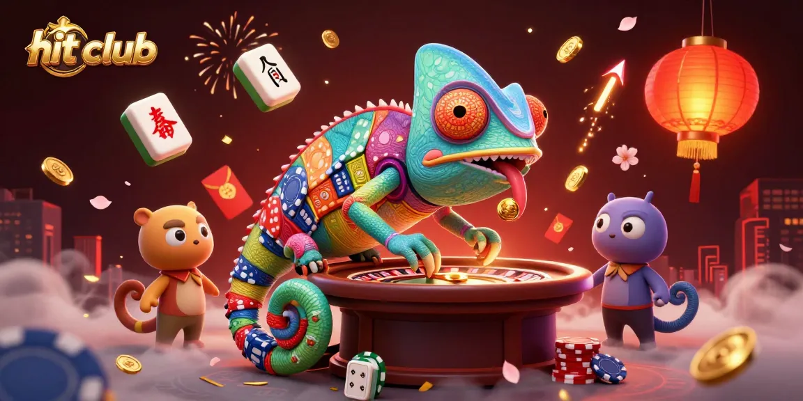 Experience the excitement of hit club with a lively chameleon casino owner surrounded by vibrant game elements.