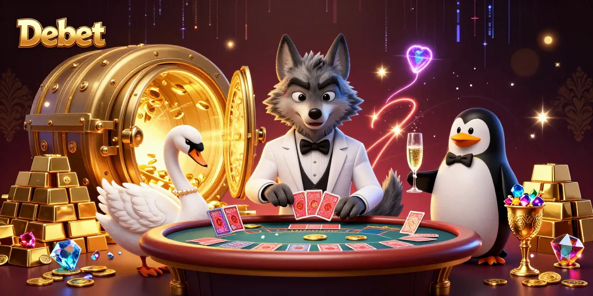 Engaging scene of Debet-themed gambling with a debonair wolf, swan, and penguin in a luxurious casino setting.