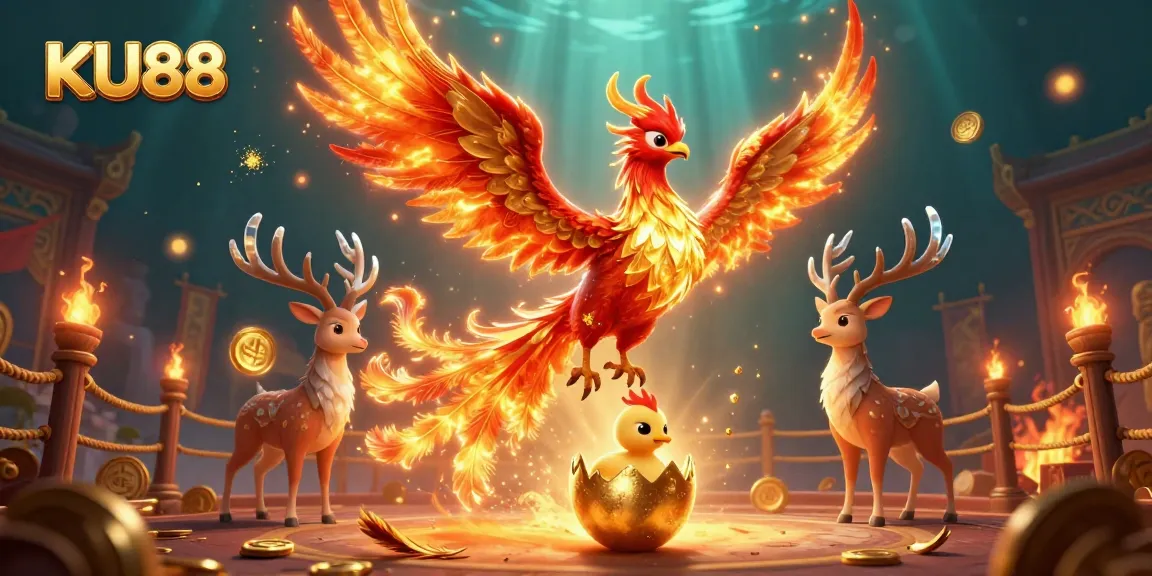 KU88 phoenix illustration showcasing vibrant casino elements and a captivating gaming atmosphere.