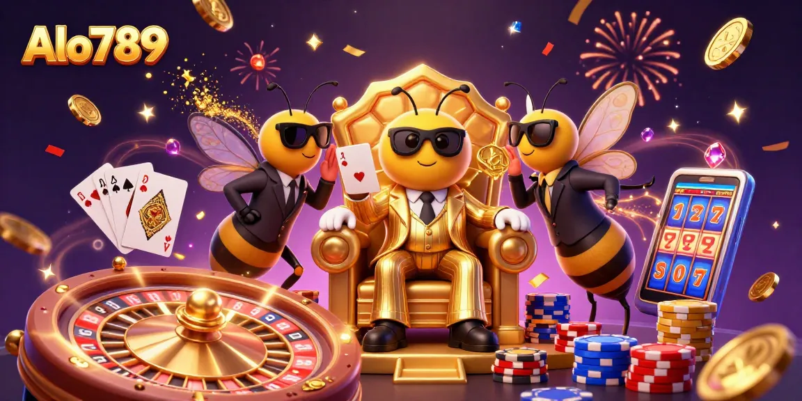 Alo789 features a lively casino scene with a bumblebee mob boss and glamorous characters betting for high stakes.