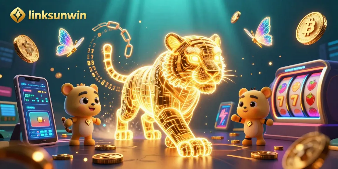 Engage with linksunwin's dynamic digital casino scene featuring a golden tiger among neon elements.
