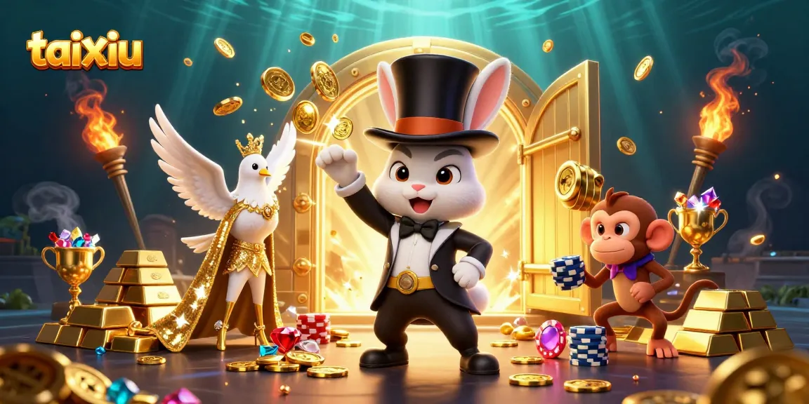 Engaging taixiu scene showcasing a magician rabbit, assistant dove, and monkey surrounded by casino treasures.