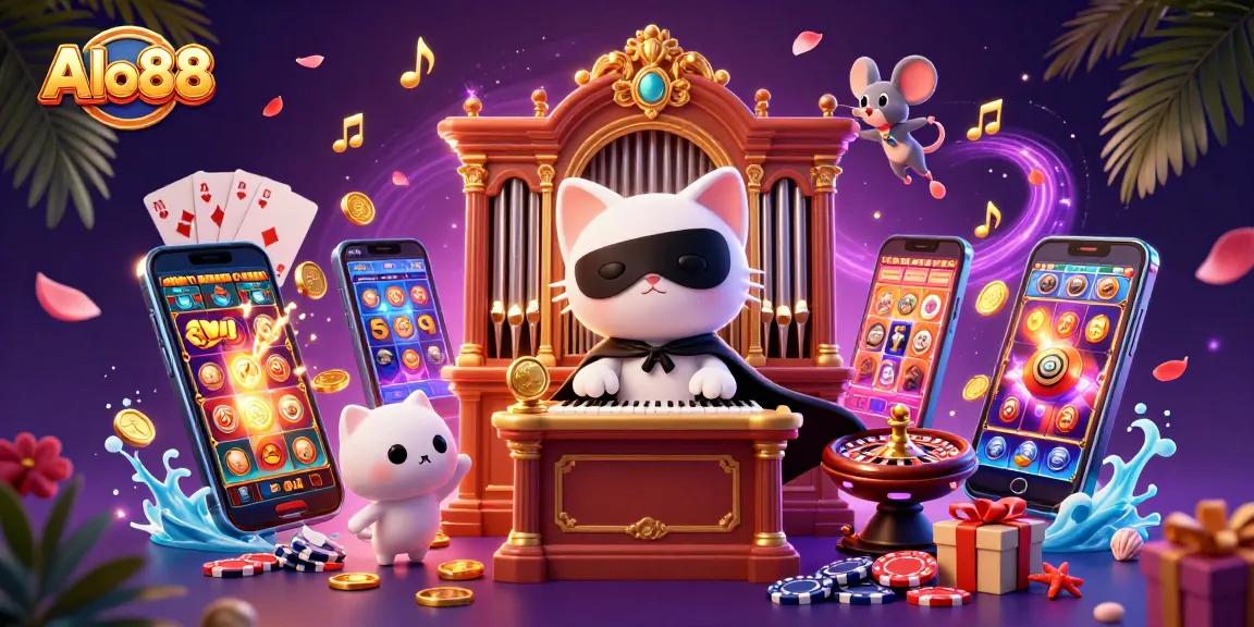 Alo88 engages players with a thrilling casino experience featuring a whimsical 3D cat playing organ amidst vibrant game elements.