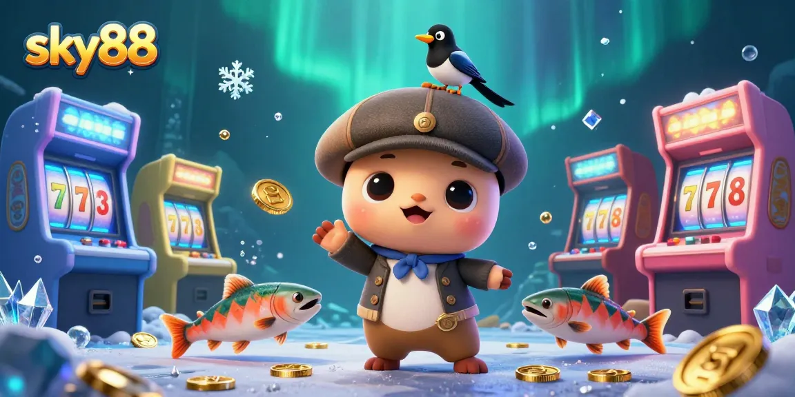 Play fun casino games with sky88 featuring cartoon Nessie and dazzling slot machines.