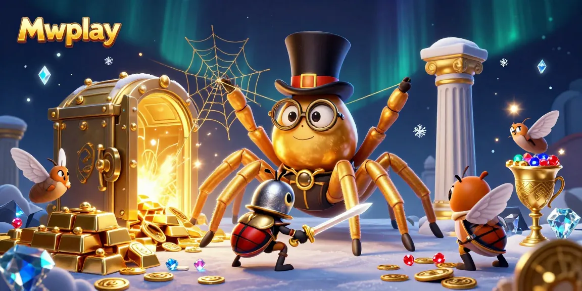 Engage with Mwplay's vibrant casino scene featuring a giant golden tarantula and treasure vault.
