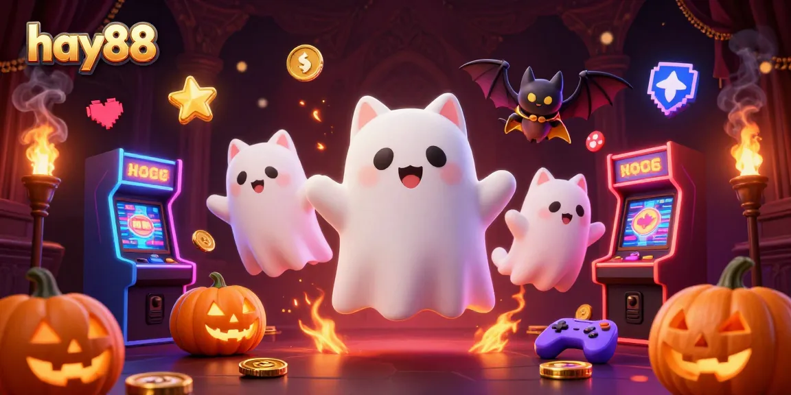 Experience exhilarating gaming action at hay88 with ghost cat and friends in a vibrant casino scene.