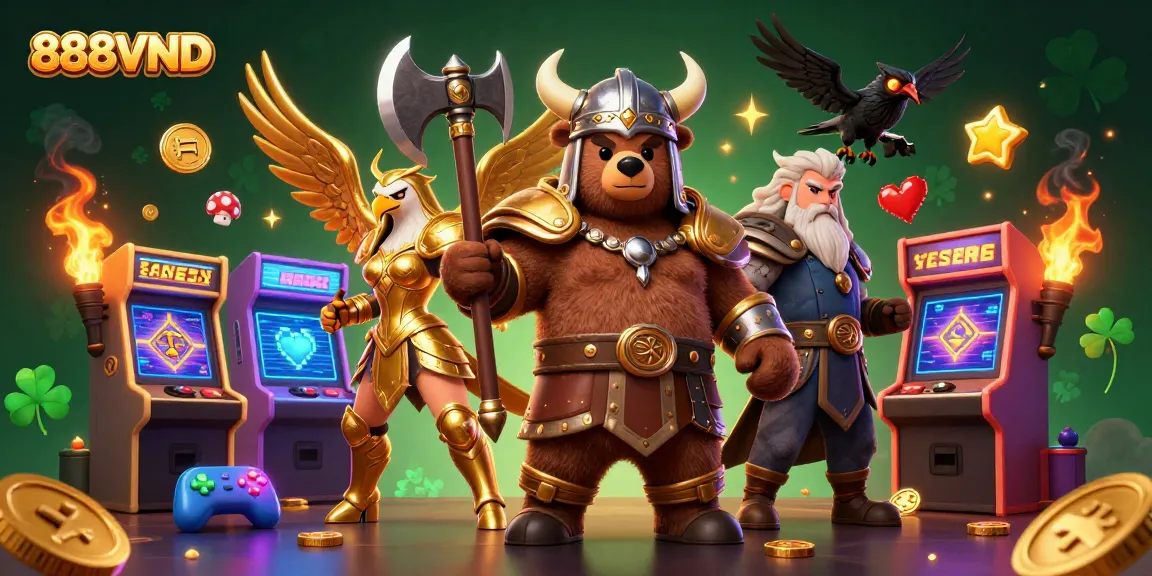Engage with thrilling gameplay at 888VND with a vibrant casino-themed 3D illustration featuring iconic characters.