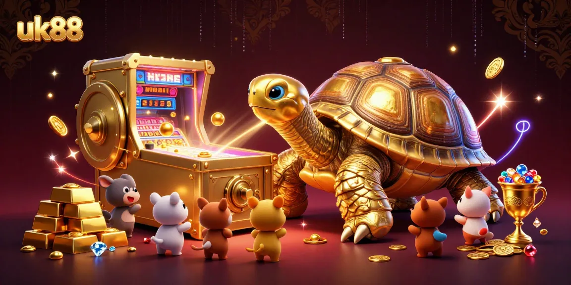 uk88 showcases thrilling casino excitement with a colossal golden tortoise pinball machine and vibrant treasures.