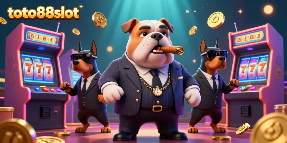 Experience the thrill of toto88slot with a mafia boss bulldog and bodyguard Dobermans amid colorful casino elements.