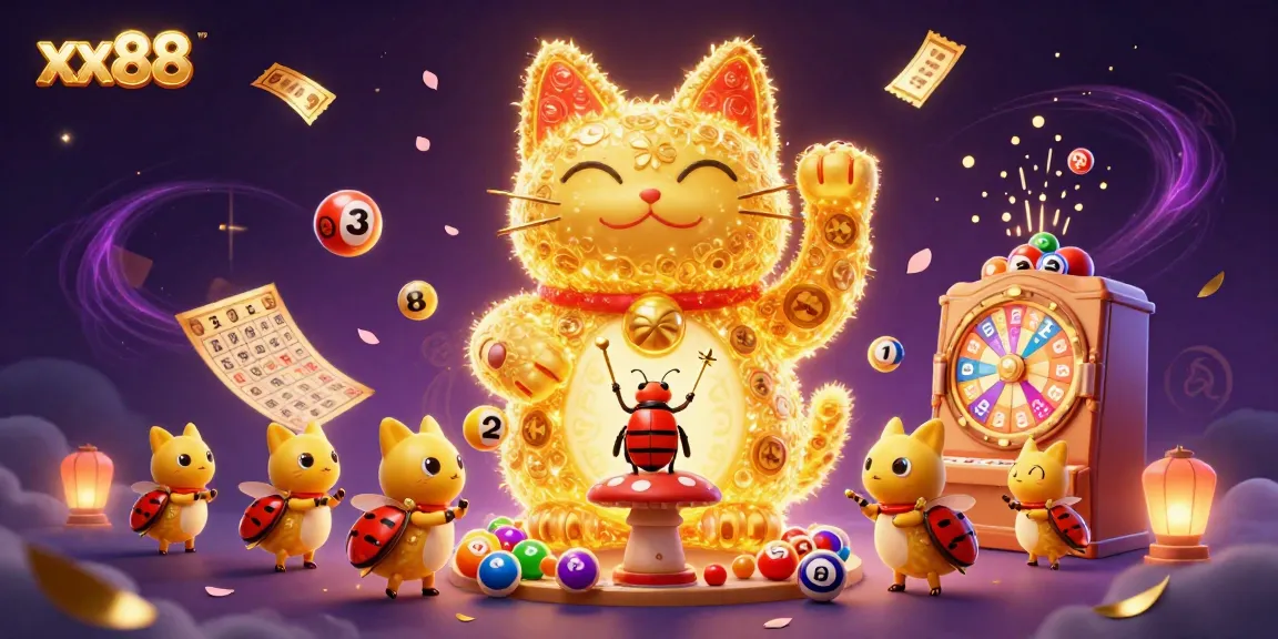 Engage with exciting games at xx88, featuring a vibrant lucky cat amidst dynamic lottery elements.