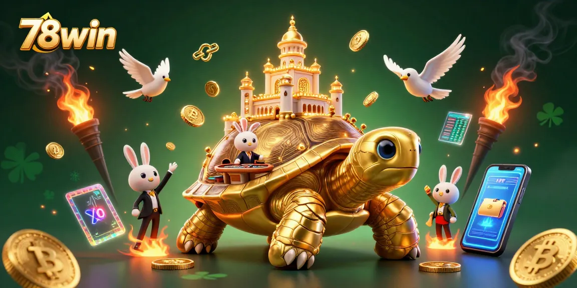 Win big with 78win featuring a golden tortoise casino, vibrant 3D coins, and dynamic elements.