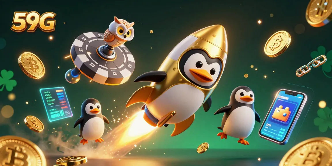 Experience the thrilling journey of 59G with a golden penguin racing through space, encountering vibrant casino elements.
