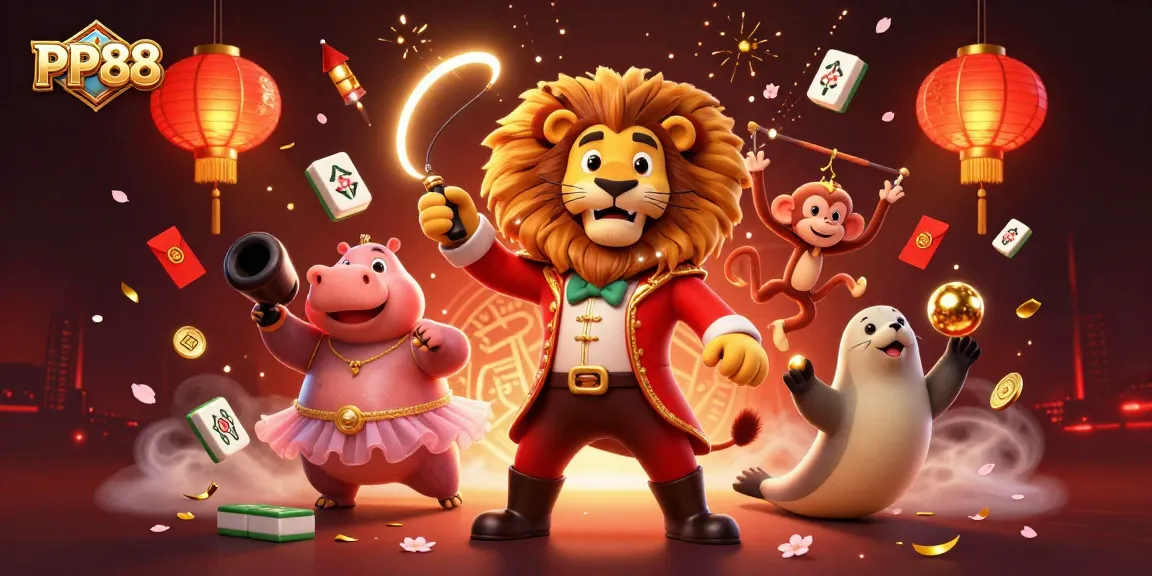 Experience the excitement of PP88 with lively characters and vibrant casino elements in a dynamic illustration.