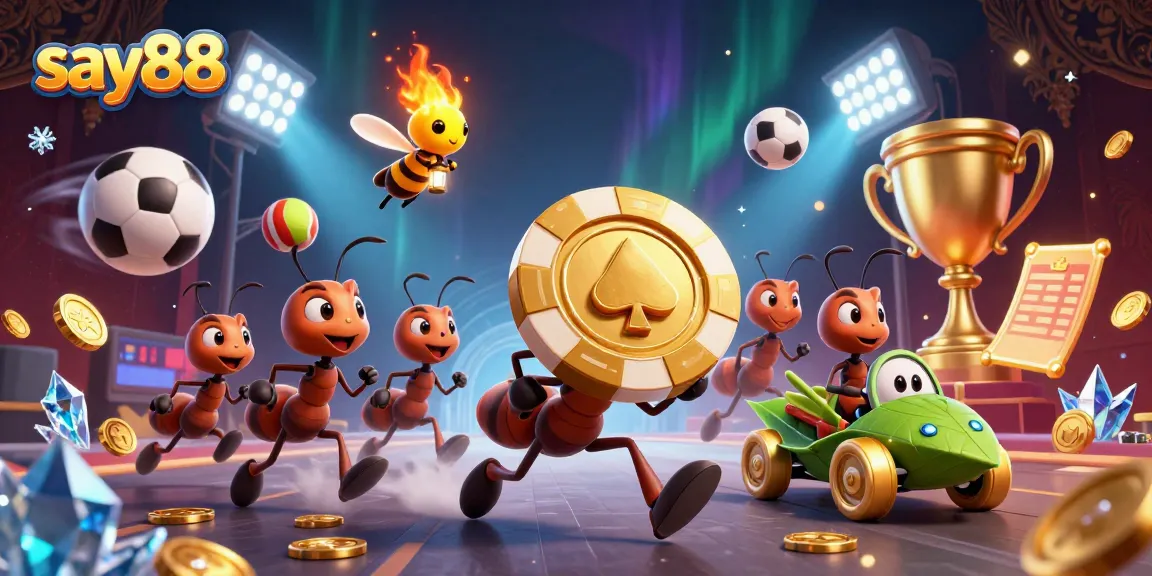 Witness ants transporting a giant golden poker chip in the dynamic say88 gambling scene, filled with action and excitement.