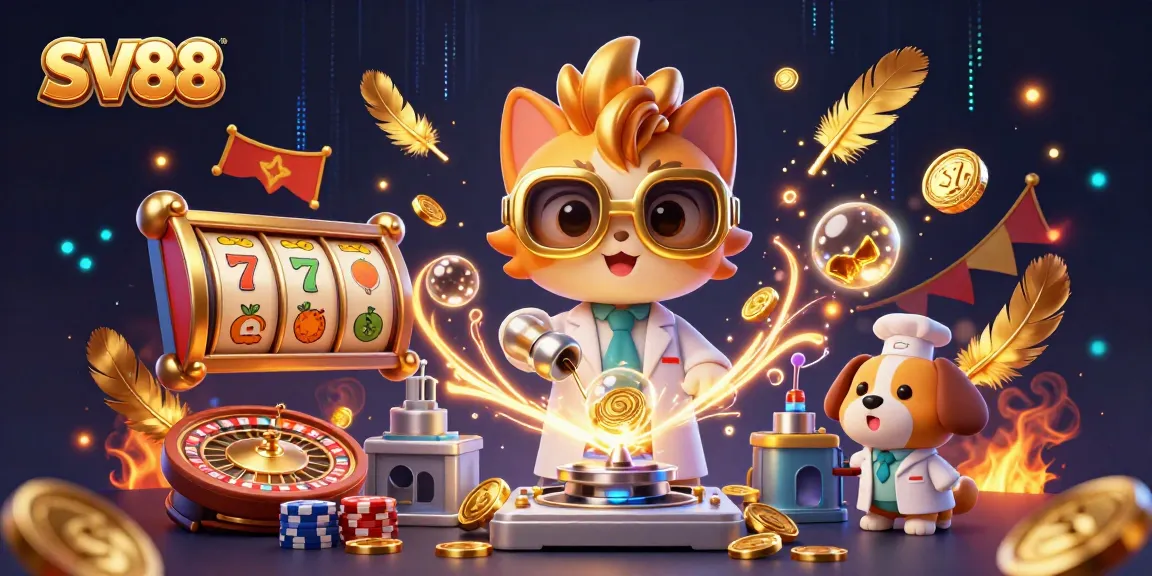 Experience thrilling SV88 gambling action with a mad scientist cat and loyal dog amid golden coins.