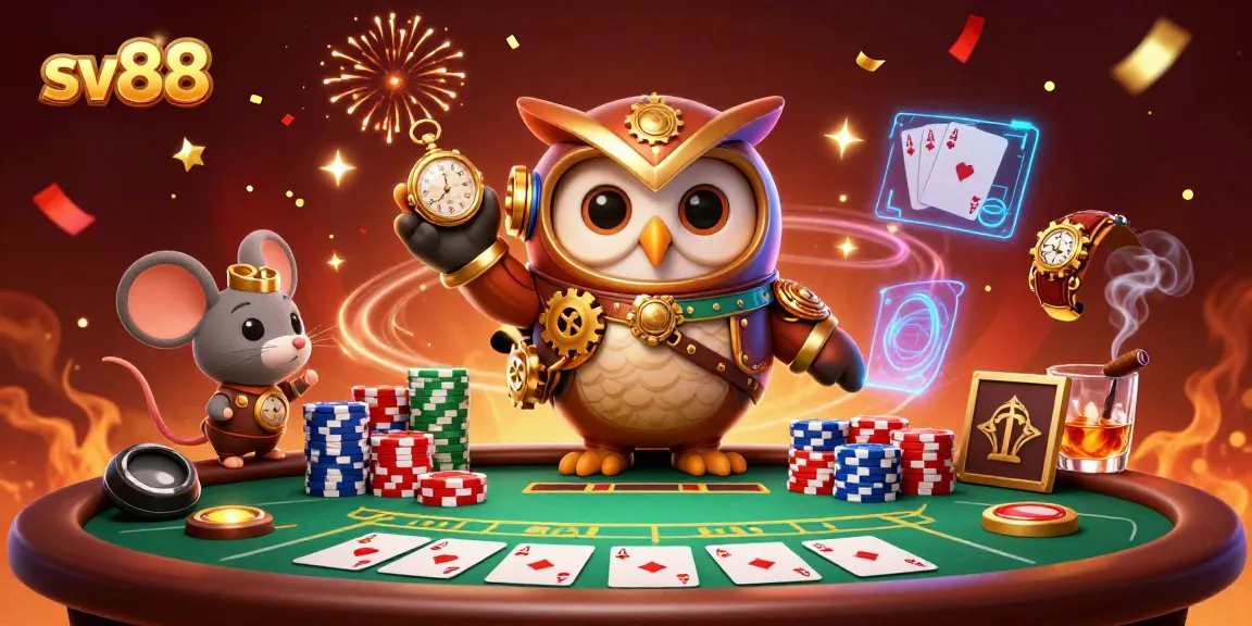Engage with sv88's thrilling gaming experience featuring a time-traveler owl and vibrant casino elements.