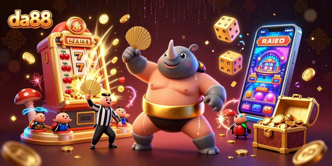 Celebrating wins at da88 with a vibrant 3D casino illustration featuring colorful slot elements.
