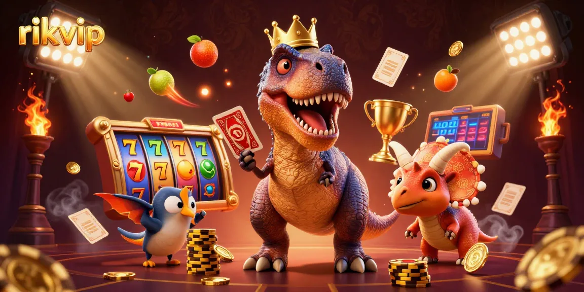 Engage in thrilling games at rikvip with a cartoon T-Rex shuffling cards and a baby triceratops stacking chips.