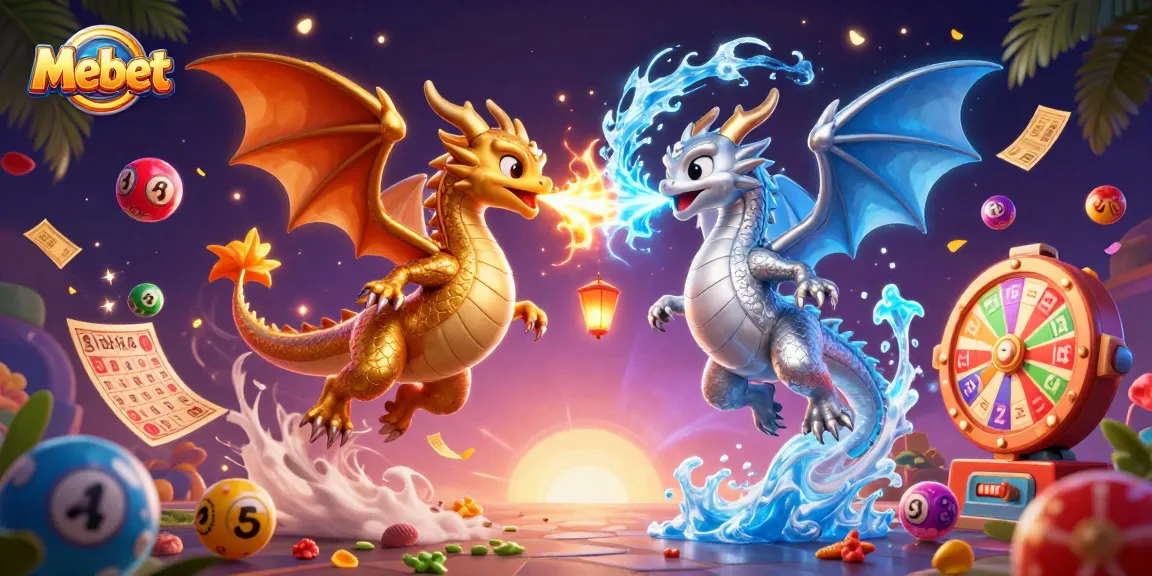 Mebet gaming experience illustrated with golden and silver dragons, floating lottery elements.