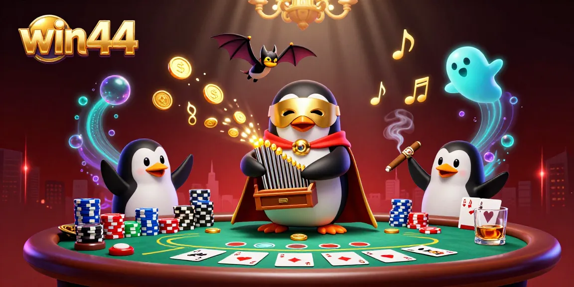 Experience the thrill of winning at win44 with a colorful 3D casino scene featuring a penguin organist and dynamic poker elements.